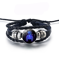 Scorpio Alloy Braided Bead Bracelets, Leather Multi-Strand Bracelet, Glass Constellation Bracelet, Scorpio, 7-7/8 inch(20cm)
