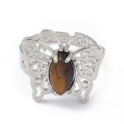 Tiger Eye Natural Tiger Eye Butterfly Adjustable Ring, Platinum Brass Jewelry for Women, Cadmium Free & Lead Free, US Size 8 1/2(18.5mm)