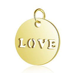 Golden 304 Stainless Steel Charms, Flat Round with Word LOVE, Golden, 12x1mm, Hole: 2.5mm
