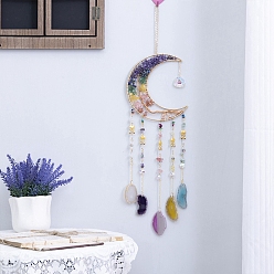 Mixed Stone Moon Natural Mixed Gemstone & Agate Woven Net Suncatchers, Chakra Theme Hanging Pendant Decorations with Glass Beaded, 660mm