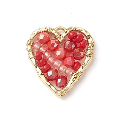 Rouge Pendentif en perles de verre et graines du japon, avec des apprêts en alliage plaqué or véritable 18k, cœur, rouge, 22.5x21x4mm, Trou: 1.5mm
