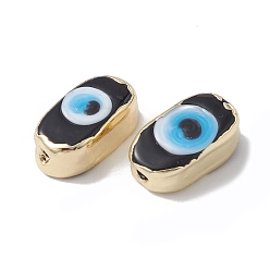 Black Brass Beads, with Enamel, Real 18K Gold Plated, Oval with Evil Eye, Black, 14x8x6mm, Hole: 1.4mm