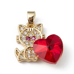 Red Real 18K Gold Plated Rack Plating Brass Micro Pave Cubic Zirconia Pendants, with Glass, Long-Lasting Plated, Cadmium Free & Lead Free, Cat with Heart, Red, 21x19.5x7.5mm, Hole: 3.5x5mm