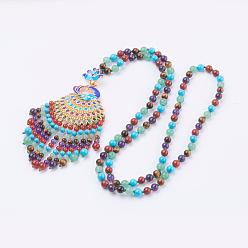 Mixed Stone Gemstone Tassel Pendant Necklaces, with Alloy Enamel Findings, 31.4 inch(80cm)