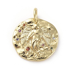 Vierge Micro cuivres ouvrent pendentifs zircone cubique, avec des anneaux de saut, plat rond, constellation, colorées, or, virgo, 14~15x2mm, Trou: 3mm