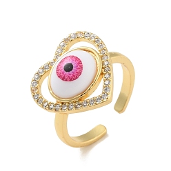 Rose Chaud Coeur en zircone cubique avec anneau de manchette ouvert mauvais œil avec acrylique, bijoux en laiton plaqué or véritable 18k pour femmes, sans cadmium et sans plomb, rose chaud, taille us 6 1/2 (16.9 mm)
