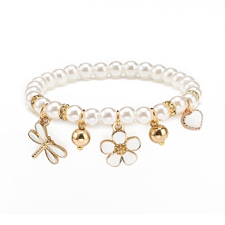 Dragonfly ABS Plastic Imitation Pearl Beaded Stretch Bracelet with Alloy Enamel Charms for Kids, White, Dragonfly Pattern, Charm: 13.5x15x3mm, Inner Diameter: 1-3/4 inch(4.6cm)