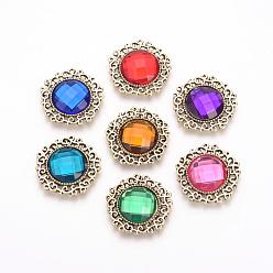 Mixed Color Alloy Rhinestone Flat Back Cabochons, with Acrylic Rhinestone, Pentagon, Antique Golden, Mixed Color, 24x24x4mm