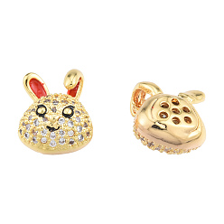 Real 18K Gold Plated Brass Micro Pave Clear Cubic Zirconia Beads, with Enamel, Nickel Free, Rabbit, Real 18K Gold Plated, 12x9.5x6mm, Hole: 1.2mm