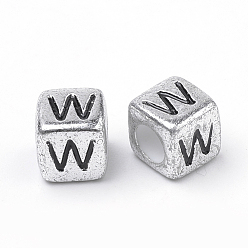 Letter W Plated Acrylic Beads, Horizontal Hole, Cube with Letter, Antique Silver, Letter.W, 6mm, Hole: 3mm, about 3000pcs/500g