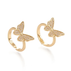 Real 18K Gold Plated Adjustable Brass Micro Pave Clear Cubic Zirconia Finger Rings, Butterfly, Real 18K Gold Plated, Size 7, Inner Diameter: 17mm