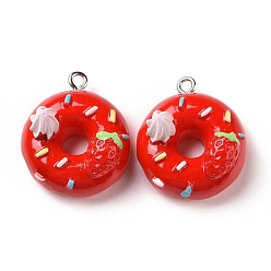 Red Opaque Resin Pendants, with Platinum Tone Iron Loops, Donut, Red, 25x22x13.5mm, Hole: 2mm