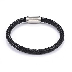 Black Man's Braided Leather Cord Bracelets, with 304 Stainless Steel Magnetic Clasps, Black, 8-1/4 inch(21cm), 6mm