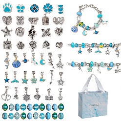 Deep Sky Blue DIY Alloy European Bracelets Making Kits, including Alloy and Resin European Beads, Alloy Enamel Dangle European Charms, Paper Box, Deep Sky Blue