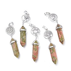 Unakite Natural Unakite Pointed Big Pendants, Double Terminated Pointed, with Platinum Plated Brass Findings, Faceted, Bullet, 59~67x14~15mm, Hole: 7x5mm, Gemstone: 41~44x8mm