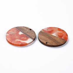 Tomato Transparent Resin & Walnut Wood Pendants, Two Tone, Flat Round, Tomato, 38.5x3mm, Hole: 2mm