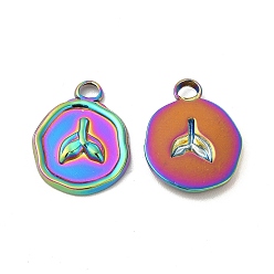 Rainbow Color Ion Plating(IP) 
304 Stainless Steel Pendants, Flat Round with Fishtail Charm, Rainbow Color, 16.5x13x2mm, Hole: 2mm