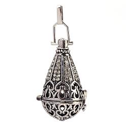 Antique Silver Rack Plating Brass Cage Pendants, For Chime Ball Pendant Necklaces Making, with Rhinestone, teardrop, Antique Silver, 43x27x22mm, Hole: 3x6mm, inner measure: 20mm