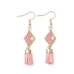 Pink Seed Beaded Rhombus with Tassel Dangle Earrings, 304 Stainless Steel Jewelry, Pink, 55mm