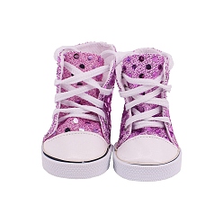 Violet Chaussures de poupée en cuir pu et caoutchouc, pour 18 "accessoires de poupées american girl, avec point scintillant, violette, 70~75x40~45mm