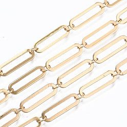 Real 16K Gold Plated Brass Paperclip Chains, Drawn Elongated Cable Chains, Soldered, with Spool, Real 16K Gold Plated, Link: 14x4x0.4mm, Link: 3.5x2.7x0.3mm, about 32.8 Feet(10m)/roll