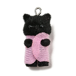 Черный Флокированные подвески из непрозрачной смолы, брелоки кот в розовой одежде с железными петлями платинового цвета, чёрные, 35x16.5x16 мм, отверстие : 2 мм