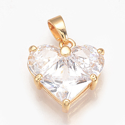 Real 18K Gold Plated Brass Cubic Zirconia Charms, Nickel Free, Real 18K Gold Plated, Heart, Golden, 15x14x4.5mm, Hole: 3x4mm