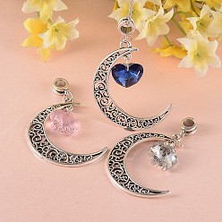 Mixed Color Tibetan Style Moon Large Hole European Big Dangle Charms, with Mixed Shape Glass Pendants, Antique Silver, Mixed Color, 51mm, Hole: 5mm