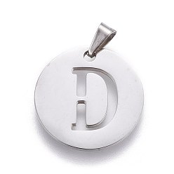 Letter D 201 Stainless Steel Pendants, Flat Round with Letter, Stainless Steel Color, Letter.D, 24.5x19.7x1.3mm, Hole: 4x3mm