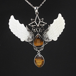 Tiger Eye Natural Tiger Eye Angel Wing Big Pendants, Star Charms with Shell Wing, Antique Silver, 85x75x25mm