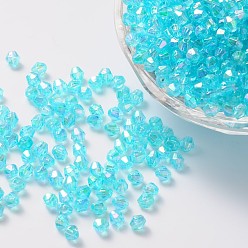 Cyan Perles acryliques transparentes écologiques plaquées couleur bicône ab, cyan, 4x4mm, Trou: 1mm, environ16600 pcs / 500 g