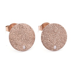 Rose Gold Ion Plating(IP) 304 Stainless Steel Stud Earring Findings, with Earring Backs & Loop, Textured, Flat Round, Rose Gold, 12x1mm, Hole: 1.4mm, Pin: 0.8mm