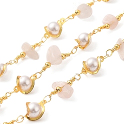 Rose Quartz Handmade Natural Rose Quartz Chip Beaded Chains, Real 18K Gold Plated Brass Glass Link Chains, Soldered, with Spool, Cadmium Free & Lead Free, Bead link: 12.5x8x6mm, Gemstone Chip: 16~19x8.5~10x5~6.5mm