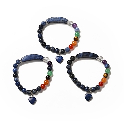 Sodalite Bracelet extensible en perles de sodalite naturelle et mélange de pierres précieuses avec breloque en forme de cœur pour femme, diamètre intérieur: 2-1/8 pouce (5.5 cm)