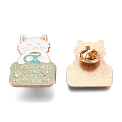 Medium Aquamarine Cat Have a Cup of Tea Enamel Pin, Light Gold Plated Alloy Word I Work Hard So My Cat Can Live A Better Life Badge for Backpack Clothes, Nickel Free & Lead Free, Medium Aquamarine, 32.5x24mm, Pin: 1.2mm