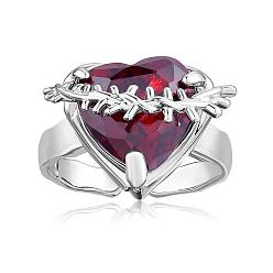 Platinum Red Heart Zirconia Ring Adjustable Gemstone Promise Ring Fashion Solitaire Love Eternity Open Ring Jewelry Gift for Women Mother's Day birthday Wedding Engagement, Platinum, US Size 6 1/2(16.9mm)