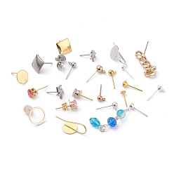 Mixed Color Stainless Steel & Brass Stud Earring Findings, with Loop, Mixed Shapes, Mixed Style, Mixed Color, 4~45x4~13mm, hole: 0.6~1mm, Pin: 0.8mm