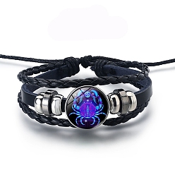 Cancer Alloy Braided Bead Bracelets, Leather Multi-Strand Bracelet, Glass Constellation Bracelet, Cancer, 7-7/8 inch(20cm)