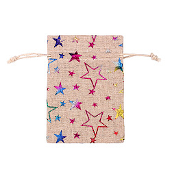 Star Christmas Theme Linenette Drawstring Bags, Rectangle, Star Pattern, 18x13cm