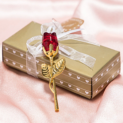 Roja Rosa de cristal con rama de flores de varilla de metal., para regalo de boda regalo del día de san valentín, dorado, rojo, 90x30x20 mm