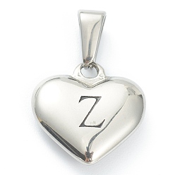 Letter Z Pendentifs en acier inoxydable, coeur avec lettre noire, couleur inox, letter.z, 304mm, Trou: 16x16x4.5mm
