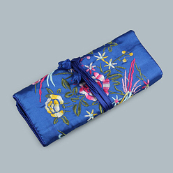 Bleu Royal Pochettes en rouleau à fermeture éclair en soie rectangle rétro, sacs de rangement de bijoux de fleurs brodées avec corde à cordon, bleu royal, 20x9 cm, ouvert: 27x20 cm
