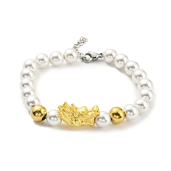 Real 18K Gold Plated Rack Plating Brass Dragon & Plastic Pearl Beaded Bracelet, Real 18K Gold Plated, 7-1/4 inch(18.5cm)