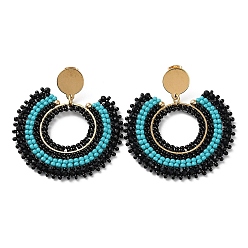 Turquoise Boucles d'oreilles pendantes en forme de beignet en perles de verre tissées, avec placage sous vide 304 broches en acier inoxydable, turquoise, 53x49mm