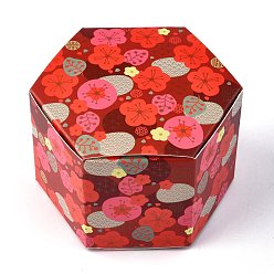 Rouge Boîte d'emballage de bonbons de forme hexagonale, boîte de cadeau de fête de mariage, des boites, avec motif de fleurs, rouge, 7.65x8.8x5.7 cm, déplier: 21.7x16.4x0.04 cm