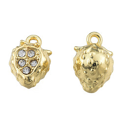 Light Gold Rack Plating Alloy Charms, with Crystal Rhinestone, Cadmium Free & Nickel Free & Lead Free, Strawberry, Light Gold, 12.5x8x7.5mm, Hole: 1.2mm