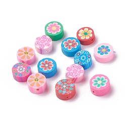 Mixed Color Handmade Polymer Clay Beads, Flat Round with Flower, Mixed Color, 9.5~10x4.5~5mm, Hole: 1.6mm