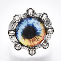 Colorful Adjustable Alloy Glass Finger Rings, Wide Band Rings, Dragon Eye, Antique Silver, Colorful, Size 8, 18mm