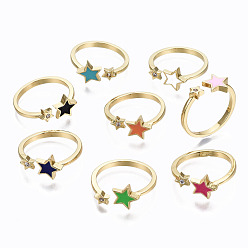 Mixed Color Brass Micro Pave Clear Cubic Zirconia Cuff Rings, Open Rings, with Enamel, Cadmium Free & Nickel Free & Lead Free, Star, Golden, Mixed Color, US Size 7 1/4(17.5mm)