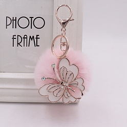 Rose Nacré Porte-clés en fausse fourrure de lapin, papillon, perle rose, 15 cm